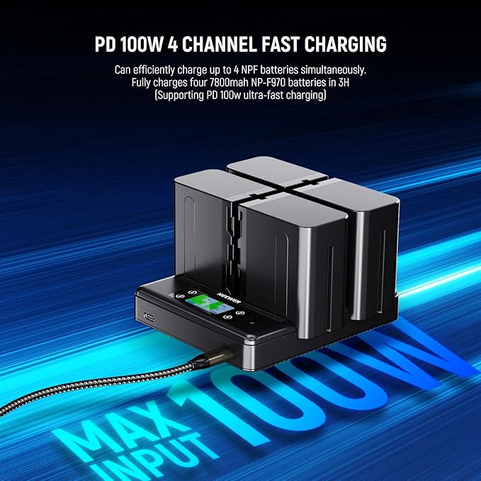NEEWER NP-F970 4 Channel Charger with Smart Power Consolidation Compatible with Sony NP-F550 750 Camcorder NPF Camera Battery, PD100W Fast Charging/Dual USB C/OLED Display/100W Type C Cable, NW-F4R