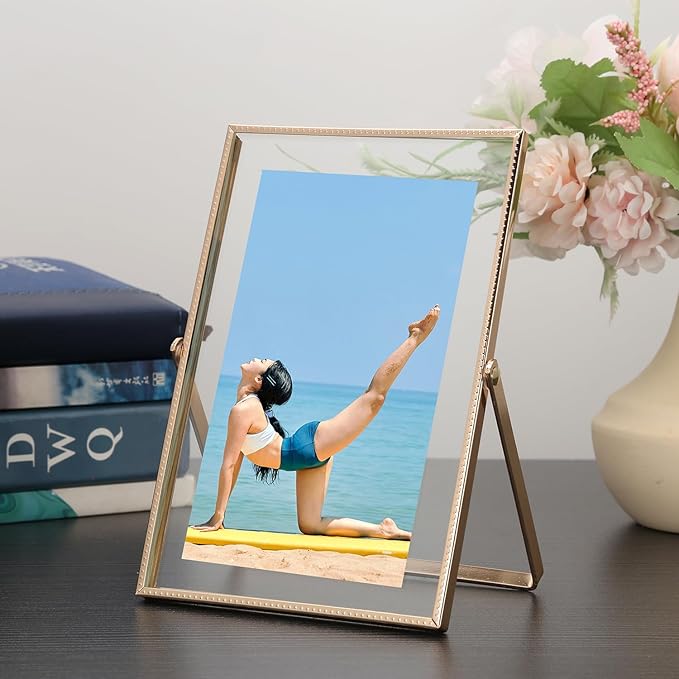 Gold 4x 6'' Floating Frame Set of 2, For Photo Sizes (2x3'', 3.5x 5'' up to 4x6'' ), Beautiful Metal Lace Edge Frames Adjustable Tabletop/Shelf Photo Frame, Classy Gift Choice for Wedding,