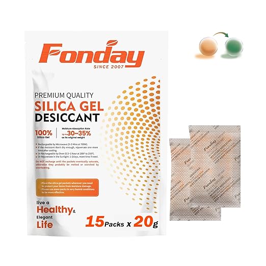 20g x 15 packs Fonday Rechargeable Silica Gel Desiccant Packets Fast Reactivate Desiccant Bags Moisture Indicating Orange to Green