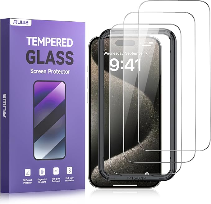 ruwa Screen Protector for iPhone 15 Pro[3-Pack] [6.1 Inch] HD Clear Tempered Glass Film with Easy Installation Frame, Case Friendly