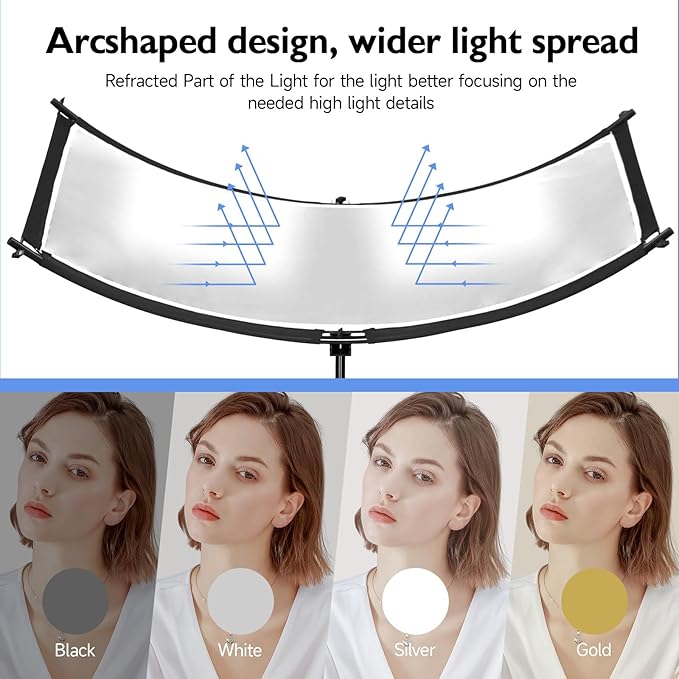 Clamshell Light Reflector/Diffuser with Carrying Case,70"X24" (4 Color in 1) Arclight Curved Eyelighter Lighting Diffuser for Photography Portrait Studio Video Shooting,Black/White/Gold/Silver