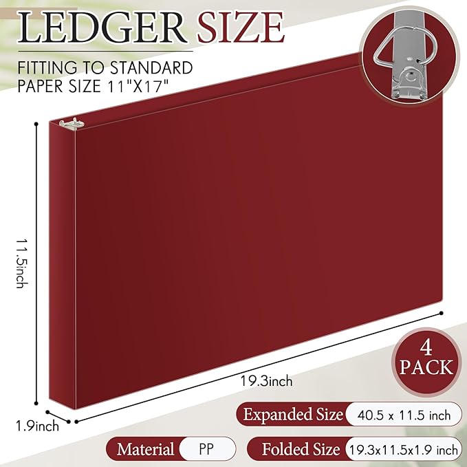 Humyoun 4 Pcs 11 x 17 Inch 3 Ring Binders 1.5 Inch Rings Heavy Duty View D Ring Binders Economy Holds 11" x 17" Paper for Artwork Blueprints, Office, Home, Work Places (Red)
