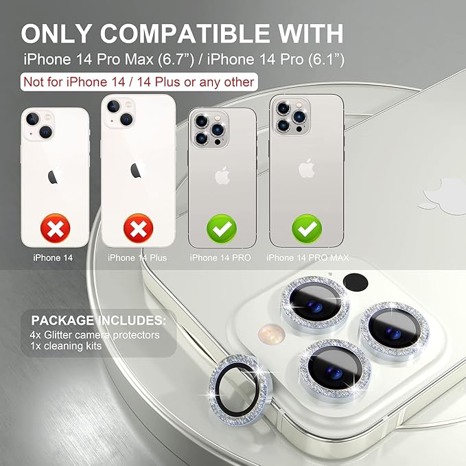 Choiche Compatible for iPhone 14 Pro/iPhone 14 Pro Max Camera Lens Protector Bling, 9H Tempered Glass Camera Cover Screen Protector Metal Ring Decoration Accessories (Glitter-Silver)