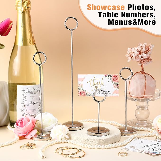 Otoolling 20 Pcs Table Number Holders 4/6/8/10 Inch Place Card Holder Stands Wire Photo Clips Metal Table Card Stands for Centerpieces, Photos, Food Signs, Birthdays, Weddings (Silver)