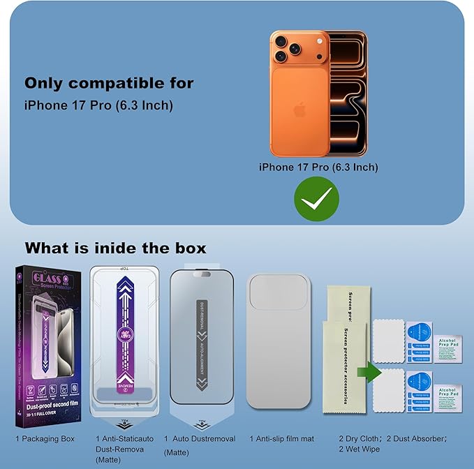 SHANG PIN JIA 2 Pack Matte Screen Protector for iPhone 17 Pro 6.3-Inch Auto Dust Removal, No Bubbles, Tempered Glass Film, Easy Installation