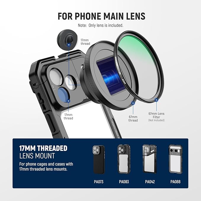 NEEWER 1.55X Blue Flare Anamorphic Phone Camera Lens with 17mm Threaded Clip, 4 Elements 4 Groups 2.4:1 Wide Screen Cinematic Mobile Photography Effect Compatible with iPhone Android Samsung, LS-75