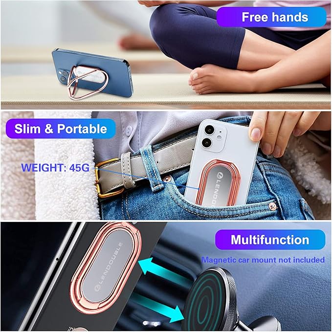 Adjustable Cell Phone Stand for Desk, Portable Phone Ring Holder Finger Kickstand Foldable Desktop Hand Grip, 360° Rotatable Loop Handle for Magnetic Car Mount & iPhone iPad Tablet Case Back-Rose Gold