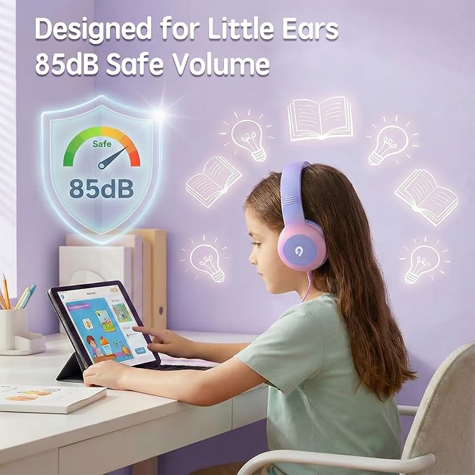Wired Kids Headphones with USB C Plug, 85dB Safe Volume, Adjustable Headband, Tangle-Free Cord Headphones for School, Tablet, Travel (Light Purple & Pink, Without Microphone)