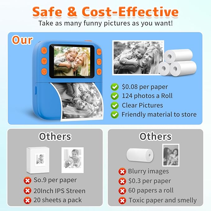 Instant Print Camera for Kids, Christmas Birthday Gifts for Girls Boys, 1080P Instant Digital Print Cameras for Toddler,Portable Toy for 4 5 6 7 8 9 10 Year Old Girl with 32GB SD Card，Blue