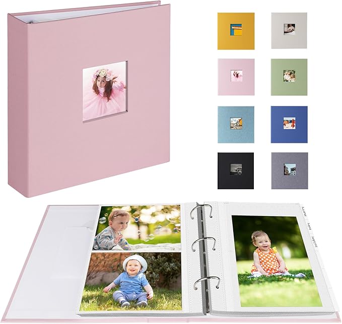 Photo Album 4x6 Photos Hold 200 or 5x7 Pictures Hold 100, 3 Ring Binder Photo Albums Linen Cover Photo Book Acid Free Albums 4x6 5x7 for Family Wedding Baby (Pink)