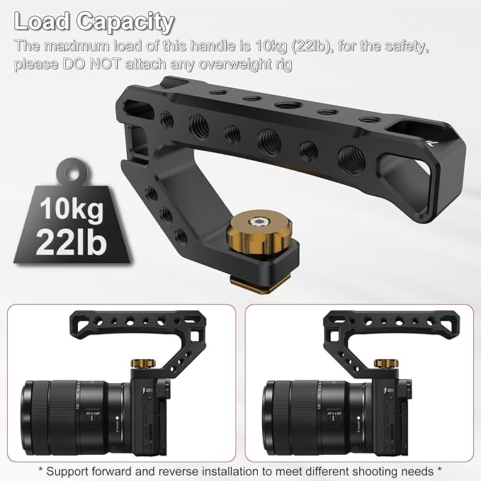Top Handle with Cold Shoe Mount, Lightweight Handle Grip for Camera Cage, Universal Camera Top Handgrip with 4 Cold Shoe and 1/4" & 3/8" Holes for Camera Cage, Microphone, LED Light, Monitor