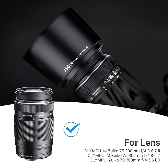 JJC LH-61E Lens Hood Shade for Olympus Zuiko Digital ED 70-300mm f/4-5.6, M.Zuiko Digital ED 75-300mm f/4.8-6.7 II Telephoto Lens, Reversible & Compatible with 58mm Filter/Cap