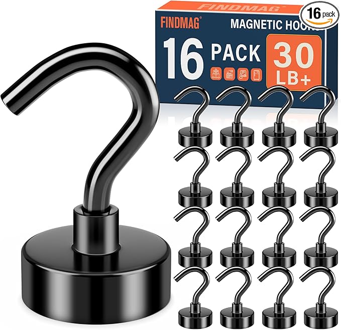 FINDMAG Black Magnetic Hooks, 28lbs Heavy Duty Magnets with Hooks, Strong Cruise Magnets, N52 Neodymium Magnetic Hooks for Cruise Cabins, Travel, Classroom, Office, Kitchen, Fridge, Grill, Pack of 16