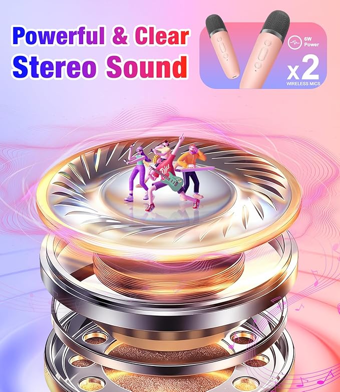 Mini Karaoke Machine, Portable Bluetooth Speaker with 2 Wireless Microphones for Kids & Adults, Karaoke Microphone with LED Lights, Gifts for Girls & Boys_Pink