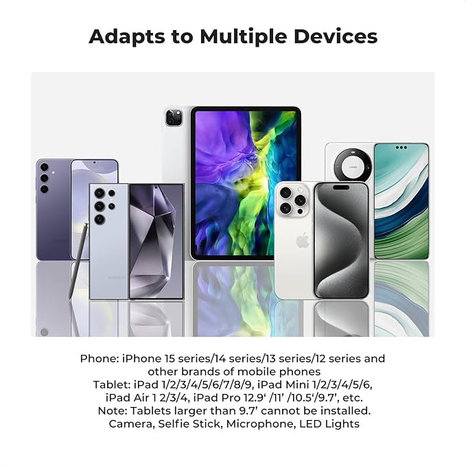 K&F CONCEPT Tablet & Cellphone Tripod Mount Adapter Holder, Adjustable Clamp, Black, Compatible with iPhone 15/14/13/12 Pro Max, iPad Mini/Air/Pro, Surface, Samsung Tab 7.0 Series