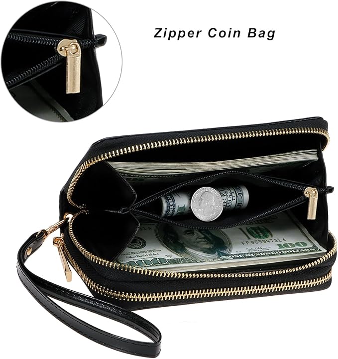 Cellphone Wallet for Women Dual Zipper Long Purse with Removable Wristlet