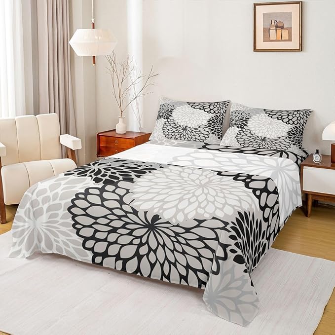 Erosebridal Aztec Dahlia Bed Sheets for Adult Women Girls Floral Sheet Set Full Size,Mexican National Flower Fitted Sheet Modern Floral Design Flat Sheet All Season Bedding Bedroom Decor, Black White