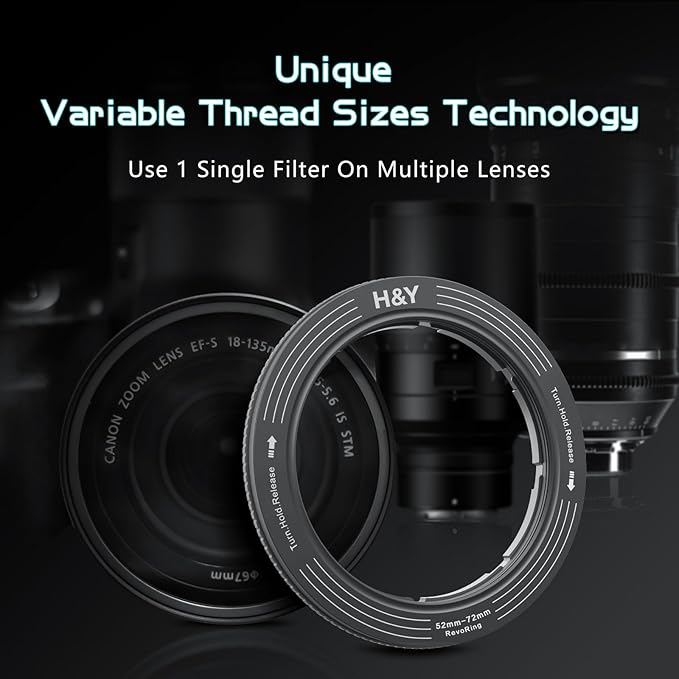 H&Y RevoRing Adjustable Step Up Ring 52-72mm to 77mm, Variable Lens Filter Adapter Ring, Universal Stepping System fits 52 55 58 62 67 72mm, Titanium Gray