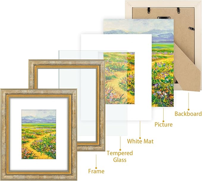 Golden State Art,8x10 Ornate Picture Frame for 5x7 Photo with Mat or 8 x 10 Prints without Mat, Real Glass Wall & Tabletop Display Horizontally or Vertically (Color:Vintage Gold)