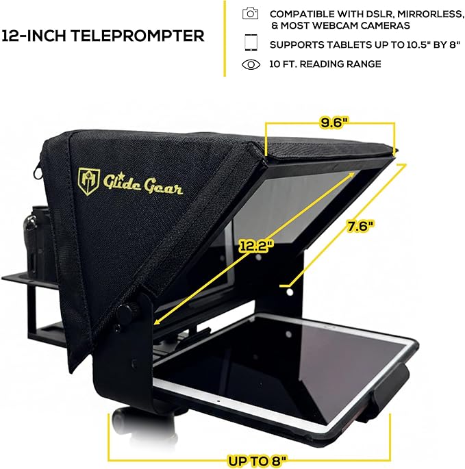 Glide Gear TMP 100 Teleprompter – DSLR, Tablet, Smartphone – 12" Glass, Carry Case, No Assembly