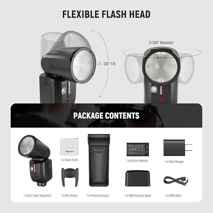 NEEWER Z2-C 2.4G TTL Round Head Flash Speedlite Compatible with Canon, 76Ws Speedlight with Upgraded UI, Modeling Lamps, TTL/M Quick TCM Switch, 1/8000s HSS, 2600mAh Battery, Cleaning Cloth