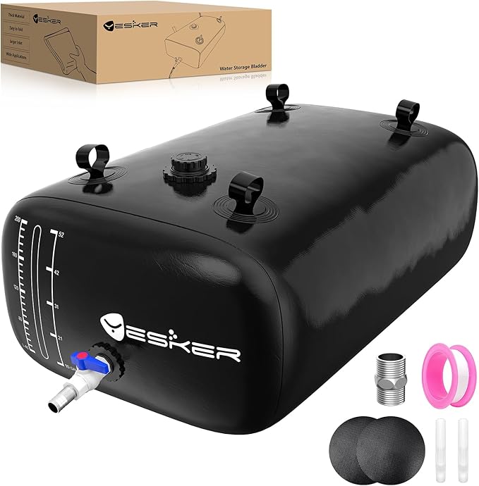 Yesker Portable Water Storage Bladder 63 Gallon – Heavy-Duty 1000D PVC Foldable Water Bladder Tank with 3/4" PVC Spigot for Garden, Camping & Emergency Use, Black