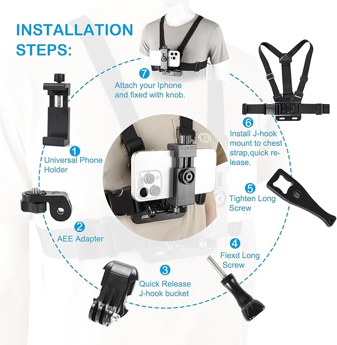 PellKing Mobile Phone Chest Strap Harness Mount Head Strap Holder Kit for POV/VLOG,Cell Phone Clip Compatible with iPhone,Samsung,GoPro Hero 9, 8,7, 6, 5, 4, 3,2, 1,AKASO,DJI Osmo,and Action Cameras…