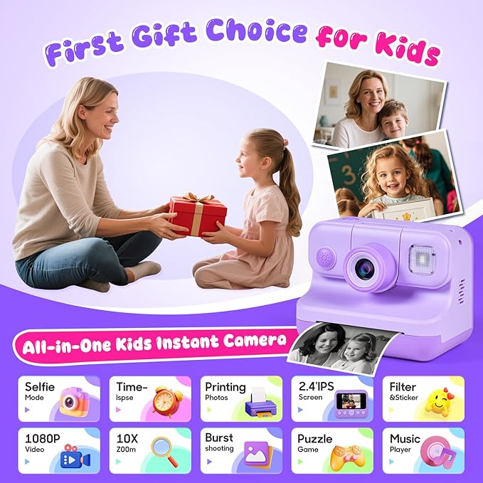 Kids Instant Print Camera, 30MP 1080P HD Digital Camera for Boys Girls with Color Pens & 32GB Card, Christmas Birthday Gifts Kids Toys for 3-12 Years Old (Purple)