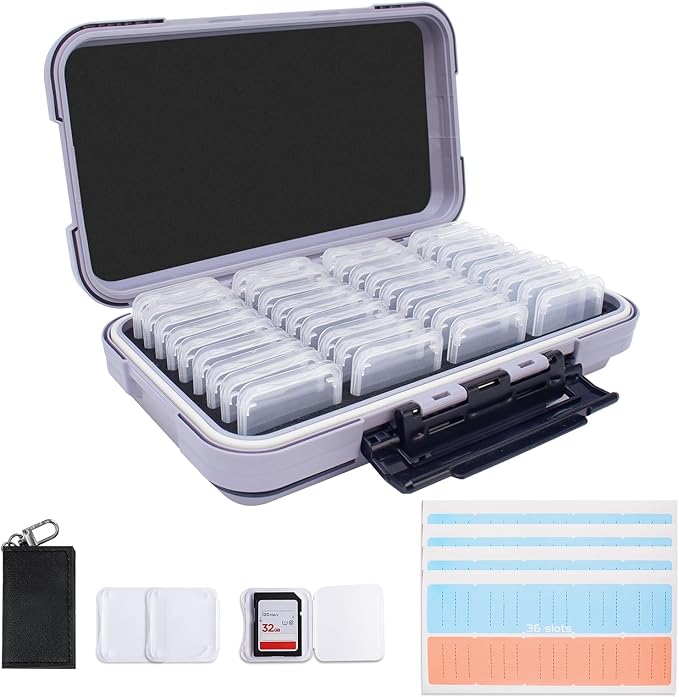 Micscrew 36-Slot Gray Memory Card Case with 36 Transparent Holders & 40 Writable Labels – SD Card Organizer & Storage Case for Camera Memory Cards