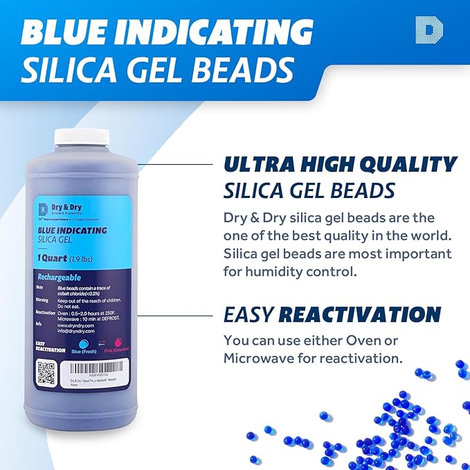 Dry & Dry [1.9 LBS] Blue Indicating Silica Gel Beads(Industry Standard 3-5 mm) - Reusable Desiccant Beads Silica Beads(Blue to Pink)