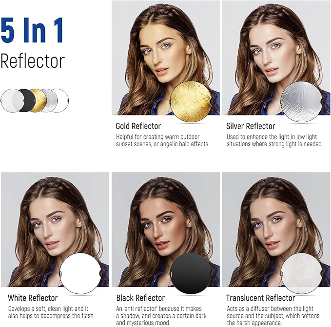 NEEWER 80cm Light Reflector with Handle & 3/8" Thread, 5 in 1 Foldable Round Light Diffuser, Translucent/Silver/Gold/White/Black for Studio or Outdoor Photo Lighting, RF-80II