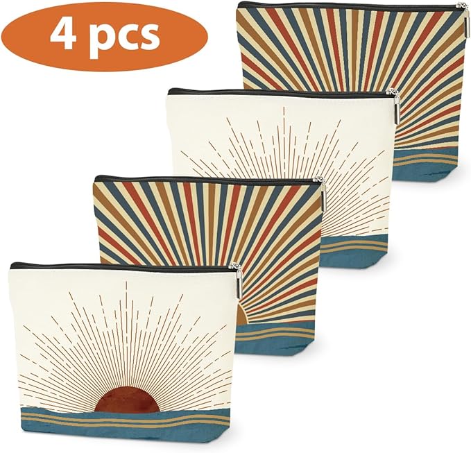 4PCS Sunshine Makeup Bag, Boho Gifts for Women, Natural Linen Zipper Pouch, Sunlight Rays Nature Best Sunshine Gifts for Girls Sister Travel Boho Cosmetic Bag