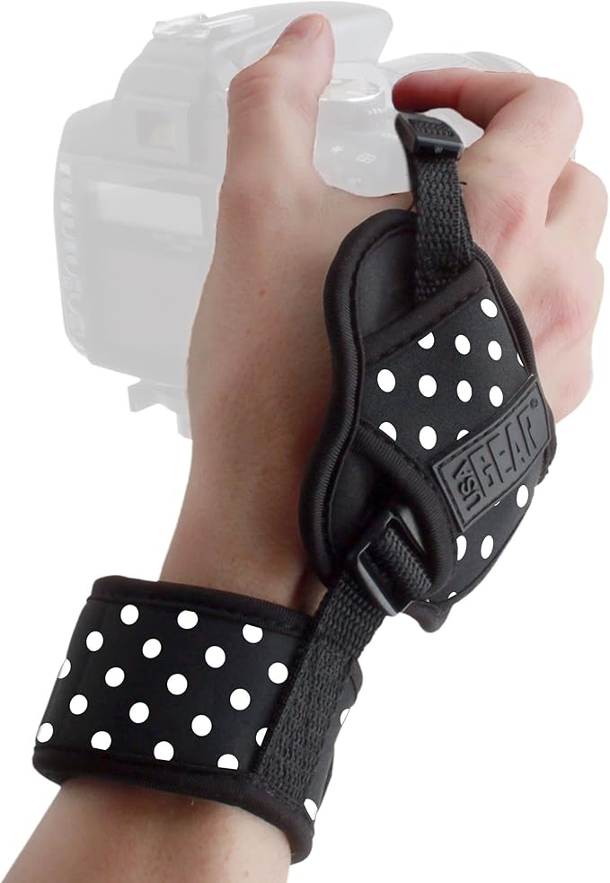 USA Gear DualGRIP Professional Grip Camera Hand Strap with Neoprene Design and Metal Plate - Compatible with Canon, Fujifilm, Nikon, Sony, and more DSLR, Mirrorless, Point & Shoot Cameras (Polka Dot)