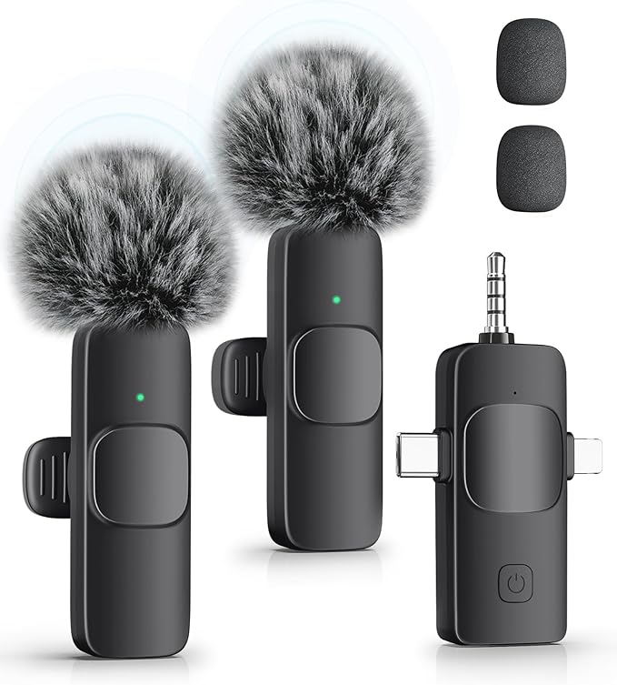 3-in-1 Wireless Lavalier Microphone for iPhone, iPad, Android, Camera - Noise-Canceling Mini Mic with 2.4G Ultra-Low Latency for Vlog, TikTok & YouTube Streaming (2 Mics)