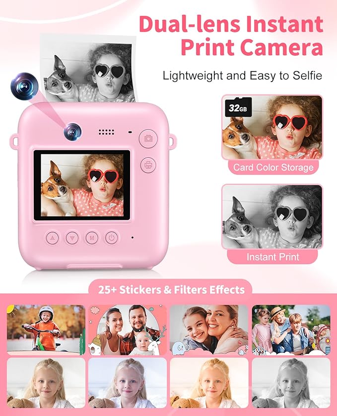 Kids Camera Instant Print, 48MP Dual-Lens Digital Camera for Girls Boys Christmas Birthday Gifts, 1080P Selfie Instant Cameras for Kids Video, Portable Toddler for 4-12 Years Old with 32GB Card-Pink