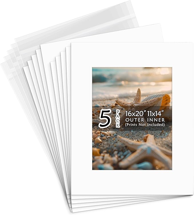 Golden State Art, Acid Free, Pack of 5, 16x20 White Picture Mats Mattes with White Core Bevel Cut for 11x14 Photo + Backing + Bags