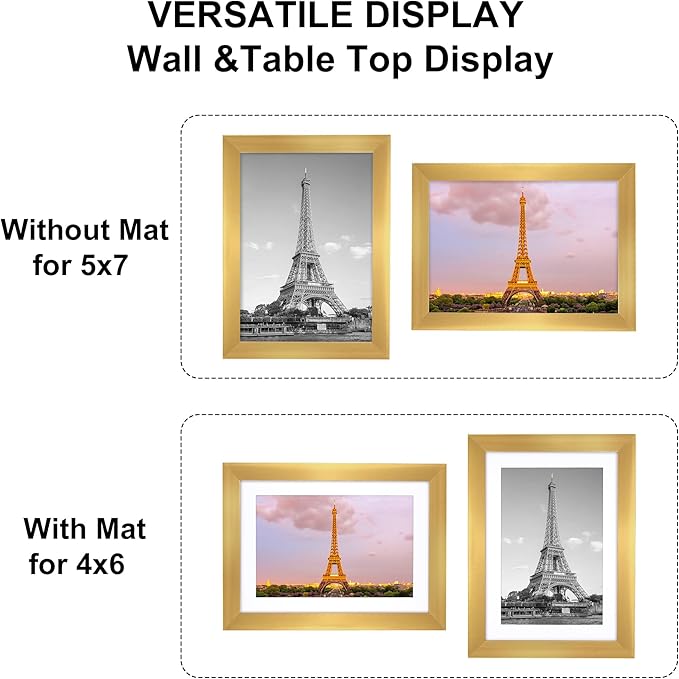 upsimples 5x7 Picture Frame Set of 10, Display Pictures 4x6 with Mat or 5x7 Without, Multi Photo Frames Collage for Wall or Tabletop Display, Gold