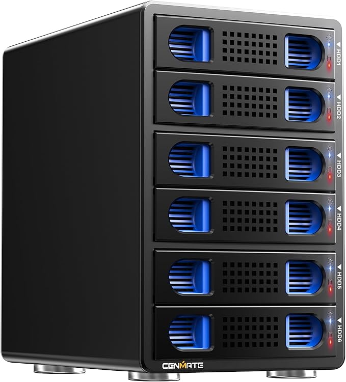 CENMATE 6 Bay Hard Drive Enclosure with Cooling Fan for 2.5“/3.5" SATA HDD/SSD with USB A/C 3.0, Support Hot Swappable, Daisy Chain Expansion, Tool-Free HDD Enclosure, DAS(NO RAID/NAS)