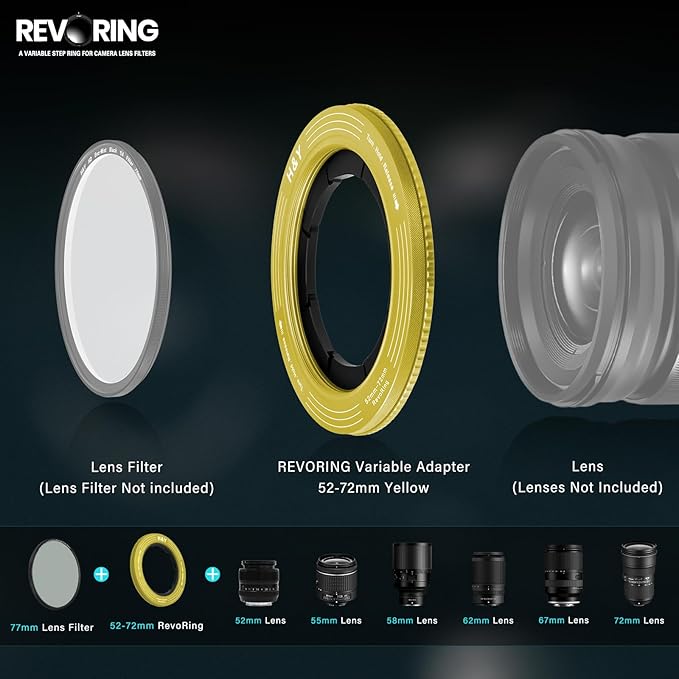 H&Y RevoRing Adjustable Step Up Ring 52-72mm to 77mm, Variable Lens Filter Adapter Ring, Universal Stepping System fits 52 55 58 62 67 72mm, Yellow