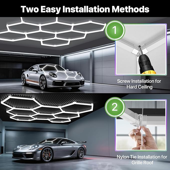 Glitgate Hexagon LED Garage Light, 245W 26950LM 8-Grid Honeycomb Hex Lighting System, 6500K Ultra Bright Ceiling Light for Garage, Car Detailing Shop, Workshop, Basement, Gym