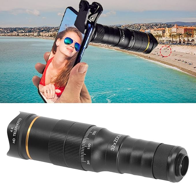 Cyrank Cell Phone Camera Lens Kit, Universal 32x Telephoto Lens, Portable 32X Mobile Phone Zoom Lens Clip On Double Adjustment HD Mobile Phone Telescope Len for Most Smartphone (Black)