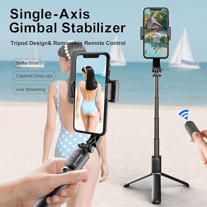 Selfie Stick Tripod with Gimbal Stabilizer for Phone, 360° Auto-Balance 1-Axis Rotation, Remote Control, Portable for Vlogging, TikTok, Group Selfies, Live Streaming