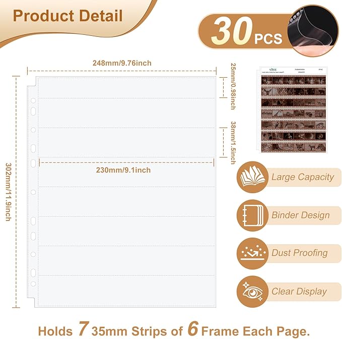 30 Pcs 35mm Film Negative Sleeves Film Negative Storage Album, Clear Page Protectors for 135mm/35mm Camera Film Roll, Acid-Free 135mm Film Travel Organizer for 3-Ring Binder, Holds 1260 Frames