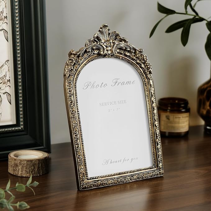 Cuspin 5x7 Picture Frame Vintage Gold Frames, Bronze 5 by 7 Arched Frame Hand-Crafted Resin with Glass Front, Ornate Retro Antique Photo Frames for Wall Hanging and Tabletop Display Home Decor