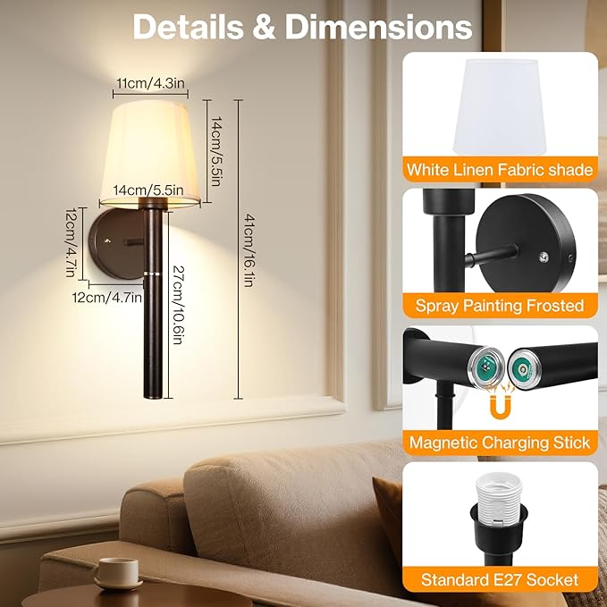 Battery Operated Wall Sconce Set of 2, 5200mAh Wireless Wall Lights with Detachable Charging Stick & Dimmable Bulbs, 3 Colors Rechargeable Wall Lamps for Bedroom Living Room Hallway Decor, Black