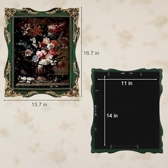 Vintage Green 11x14 Picture Frame with Mat for 8x10 or 11x14 Photos, Real Glass, Ornate Baroque Gothic Victorian Frame for Wall Display