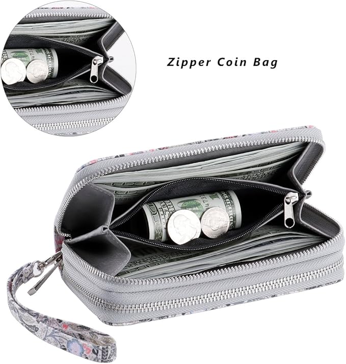 Cellphone Wallet for Women Dual Zipper Long Purse with Removable Wristlet
