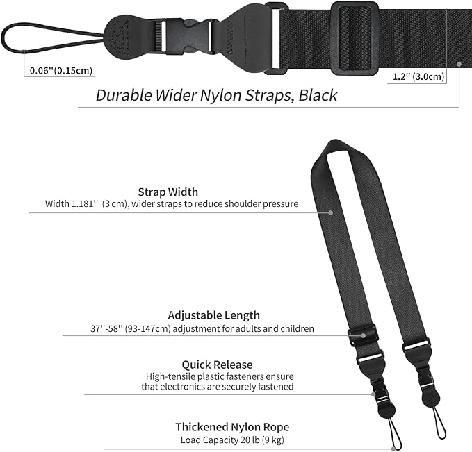 Universal Shoulder Strap, Replacement Nylon Neck Lanyard, Comfortable Adjustable Shoulder Strap for iPad, Camera, Crossbody Bag, Binocular, Tablet (Black)