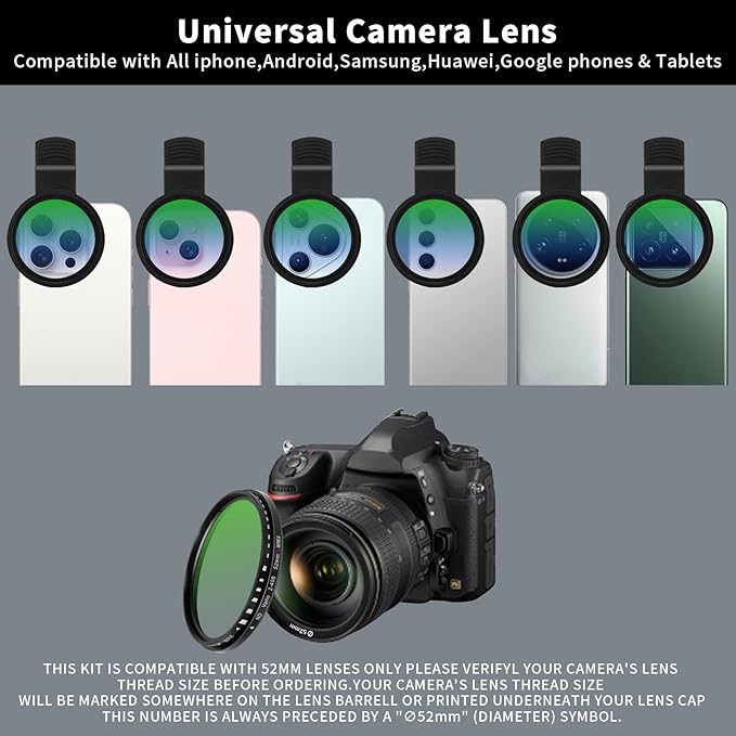 Phone 52MM Variable ND2-ND400 Filter, Multi-Coating Clip Adjustable Neutral Density Lens Kit, Compatible with iPhone 16/15/14/13 Pro Max, Samsung Galaxy, Google Pixel and Other Smart Phones