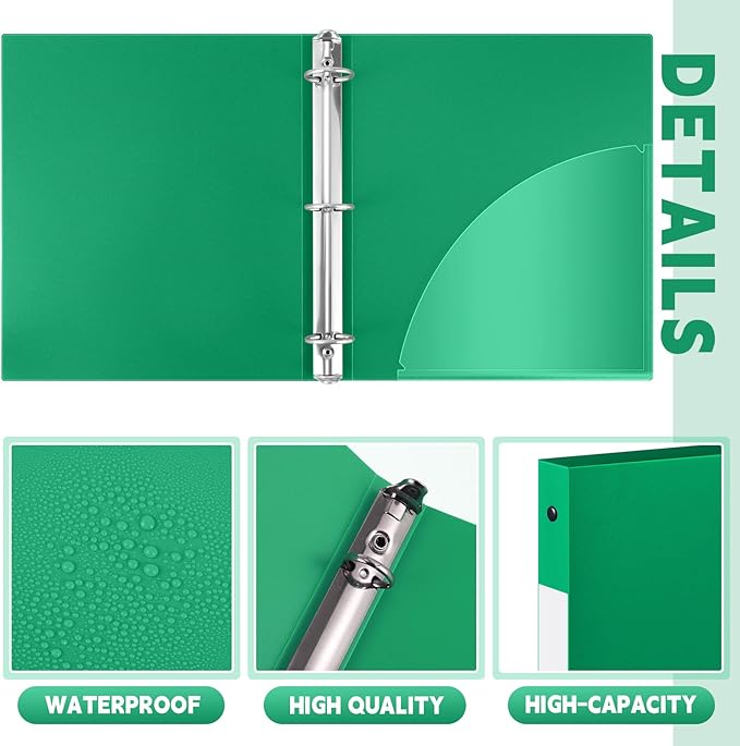 Henoyso 48 Pcs 3 Ring Binder 1/2'' Round Fits Letter Size 8.5'' x 11'' Paper Plastic Flexible Binder Holds 140 Sheets with 1 Pockets Versatile Organizer for Home Office School (Green)